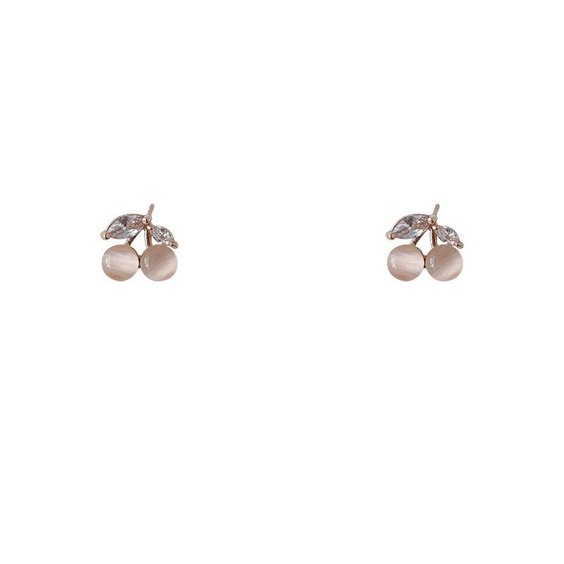 Zircon Cat's Eye Cherry Earrings for Women - Sweet Japanese & Korean Style, Simple Fashion, Fresh Design.