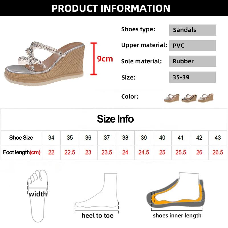 Fashion Women's Rhinestone Decor Wedge Heel Sandals Transparent Pvc Thick Sole Slippers Woman Summer Fashion Chunky Platform Sandalias