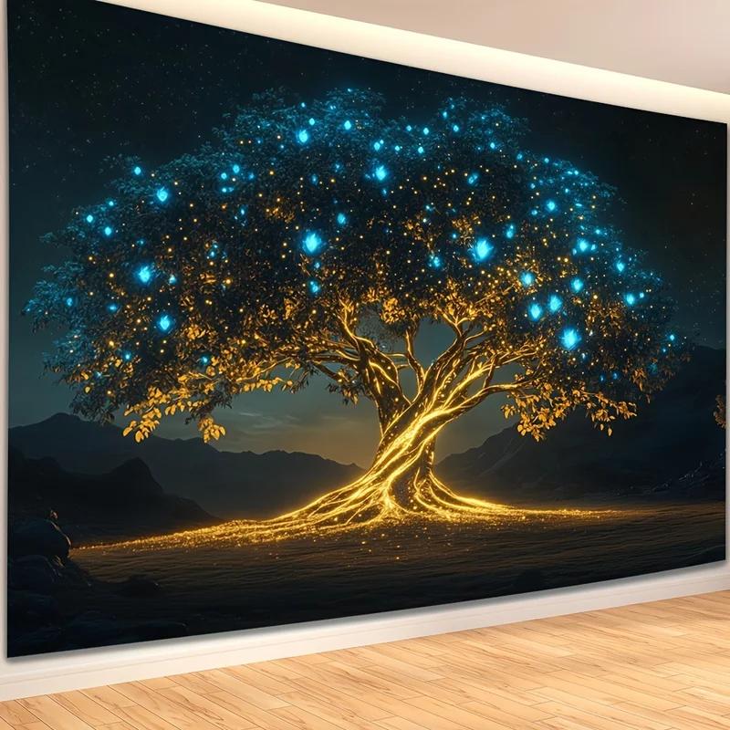 Glowing Tree of Life Tapestry Magical Forest Wall Hanging Aesthetic Nature Tapestries for Bedroom Decor 100X70CM