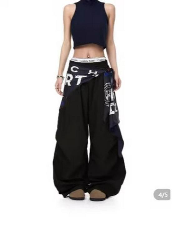 American Retro Color Block Parachute Pants - Women s Jazz Street Dance Pleated Loose Wide-Leg Style Extended S