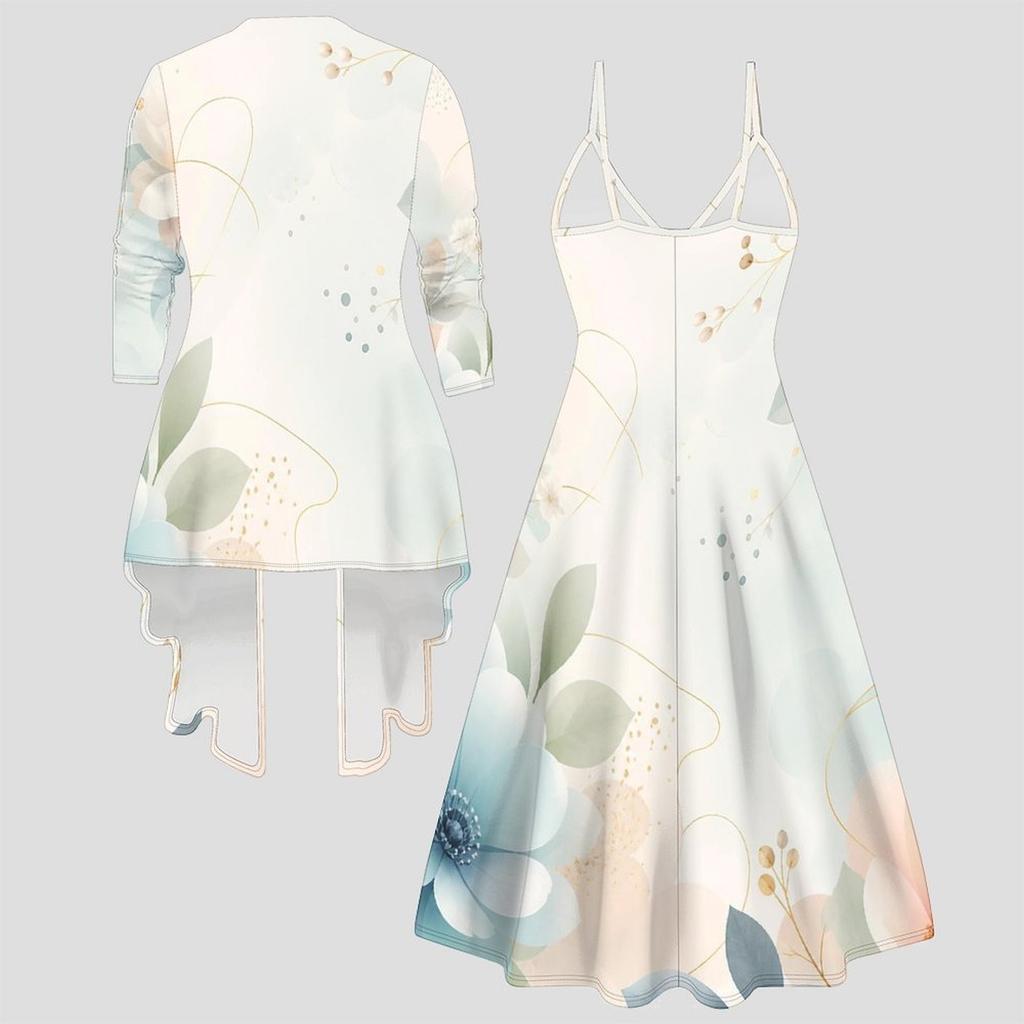 Women Plus Size Two Piece Ensemble Long Sleeve Cardigan Cami Maxi Dress