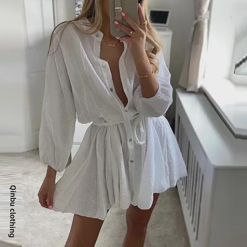 Women's 2025 White Lace-Up Button Ruffle Dress