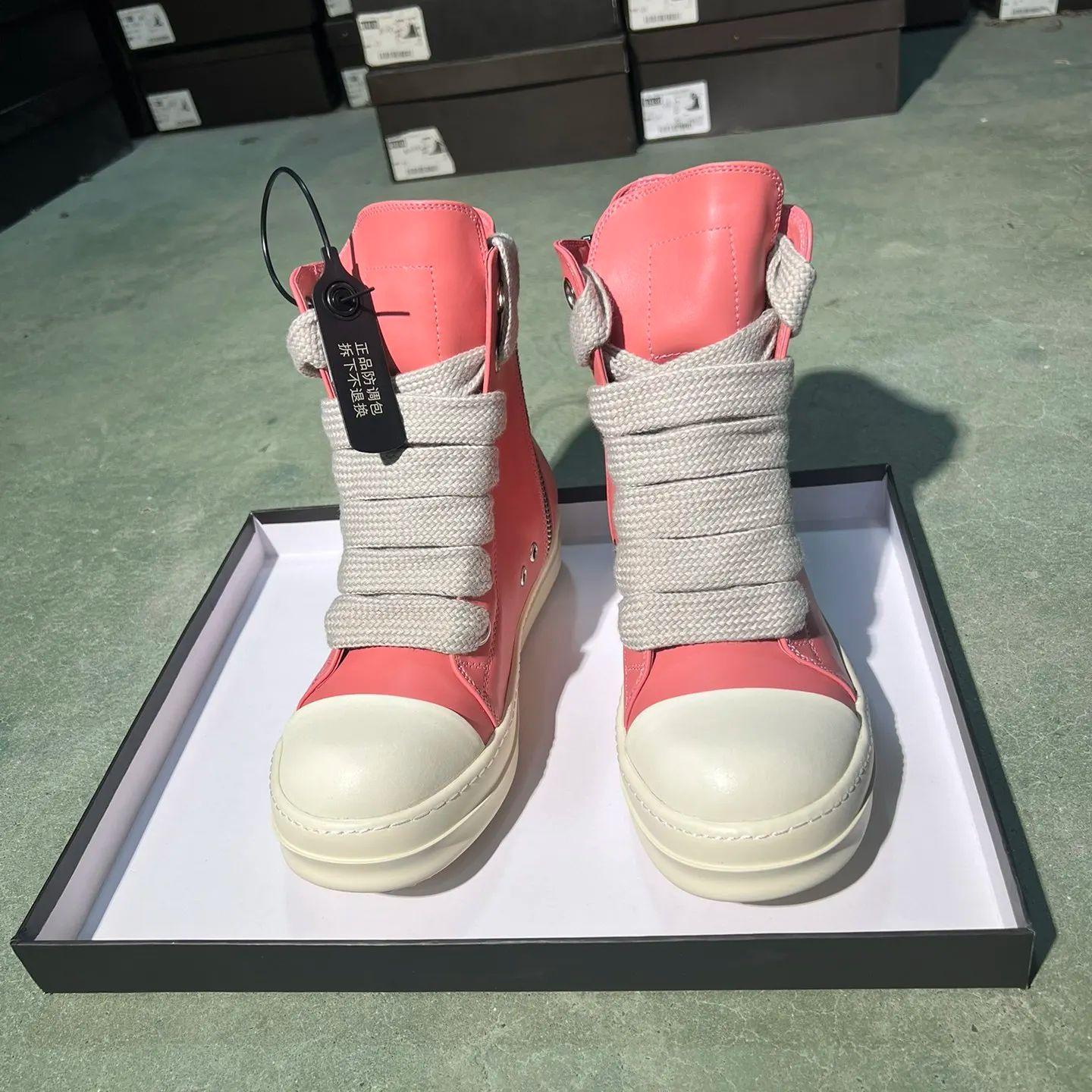 

Designer Man Shoes Fashion Peach Pink Genuine Leather Woman High-Top Sneaker Luxury Thick Shoelaces Zip Design Women Ankle Boots 48