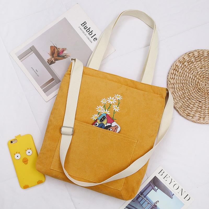 Little daisy corduroy women's shoulder canvas bag, art student make-up bag, leisure college wind crossbody shopping bag