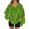 Women's Fashionable V-neck Christmas Printed Long Sleeved Casual Pullover Plush Warm Pocket Sweatshirt Top