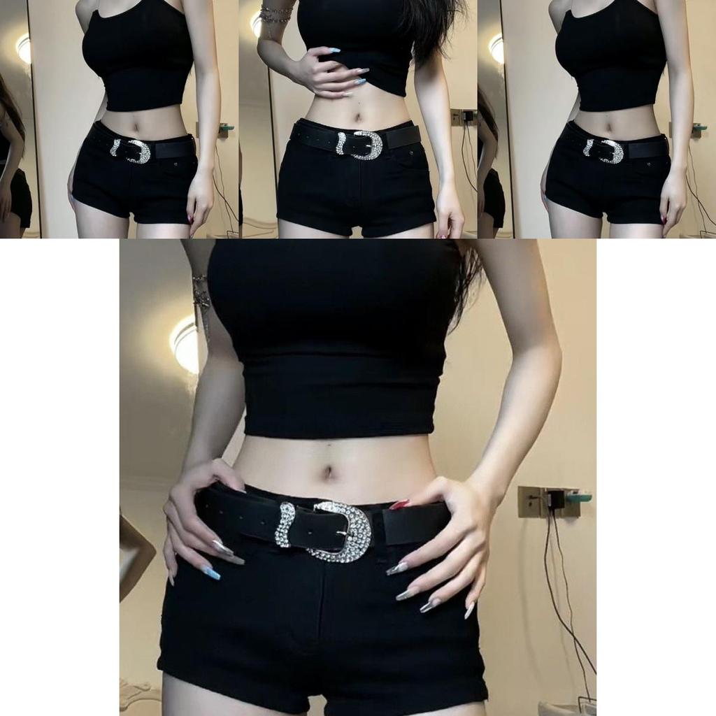 Elegante Cintura Nera da Donna in PU Stile Vintage Americano con Fibbia Decorativa in Strass