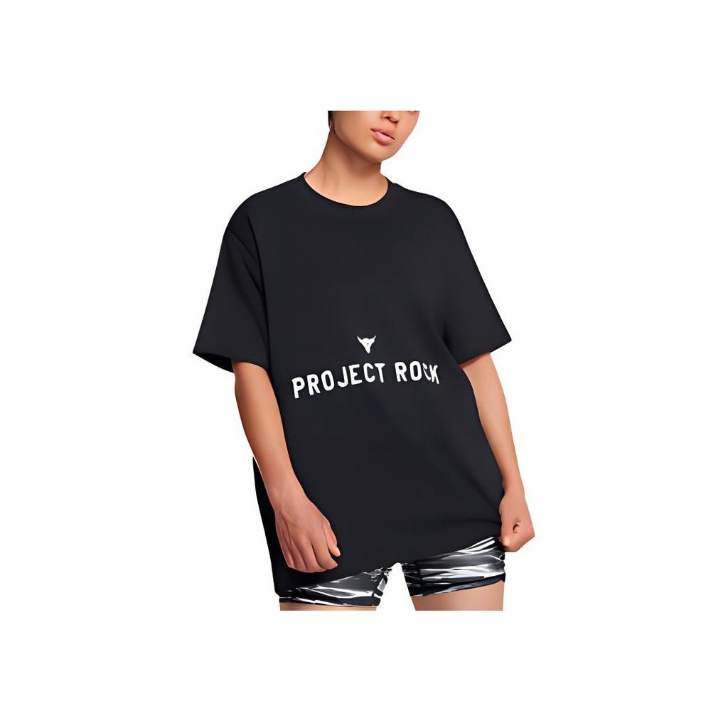 Under Armour Project Rock Letter Print Design Comfortable Loose Fit Short Sleeve T-Shirt Women Tops Black 1386440-001
