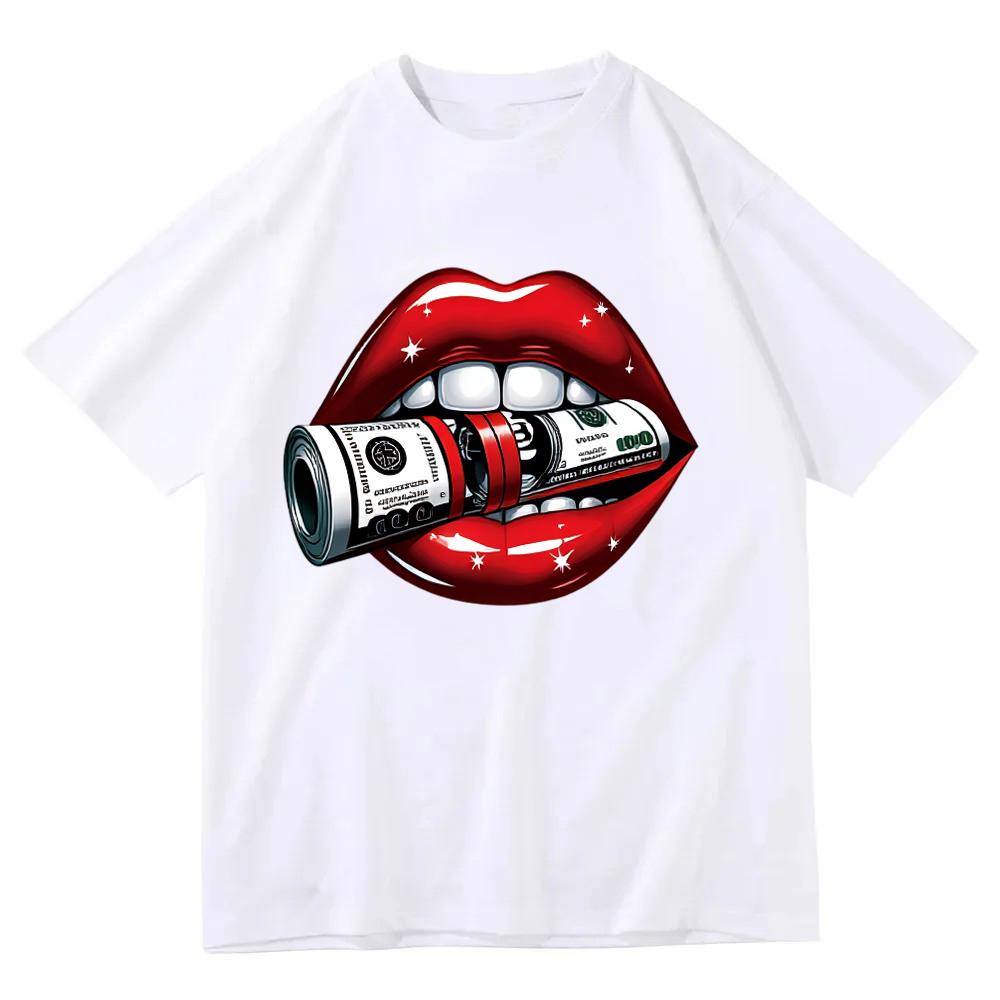 

Money Lips T Shirt Sexy Red Lips Biting Dollar Graphic Tee Hip Hop Streetwear Top Harajuku Aesthetic Unisex Short Sleeve Tshirt S