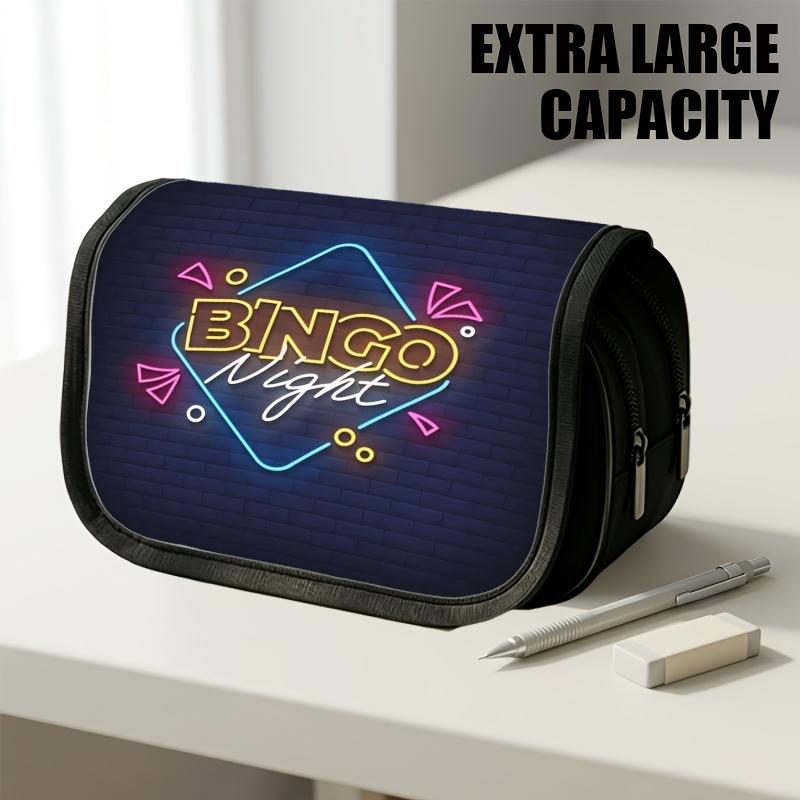 1pc Double Layer Flip Pencil Case, Neon Bingo Night Sign, Large Capacity, Portable Polyester Pen Storage Bag with Zipper Closure, Ideal for School & O