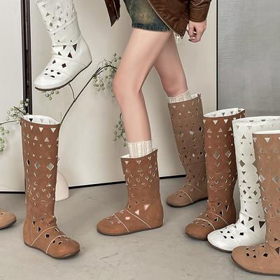 Retro-Design hohle kurze Stiefel atmungsaktiv runde Spitze hohe Stiefel Damen Herbst und Sommer Mode Temperament Netzstiefel Modestiefel