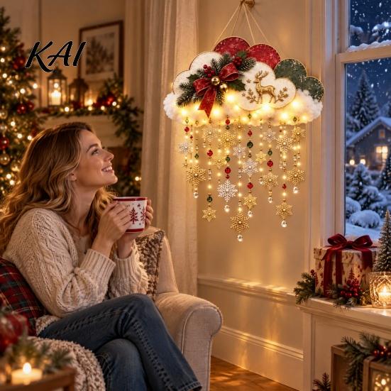 Seasonal Home Decor Vintage Lighted Christmas Snowfall Cloud, Cascading Snowflake Light with Reindeer/Angel, Snow Theme Wall LED Holiday Hanging