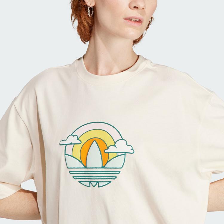 Adidas Originals Trefoil Tee Dress Cartoon Logo Print Sports Comfortable Casual Round Neck Short Sleeve Dress Women Dresses Wonder-White IN4138