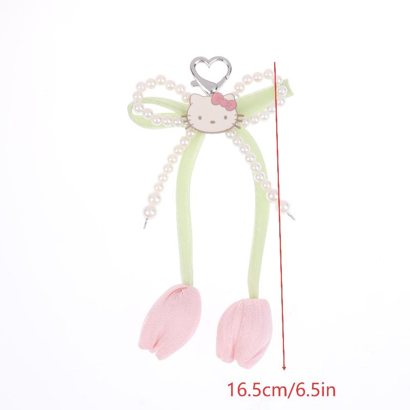 Ins Fresh Tulip Hello Kitty Keychain Y2K Trendy Sweet Imitation Pearl Bowknot Keyring Bag Pendant Backpack Hanging Decor Gift