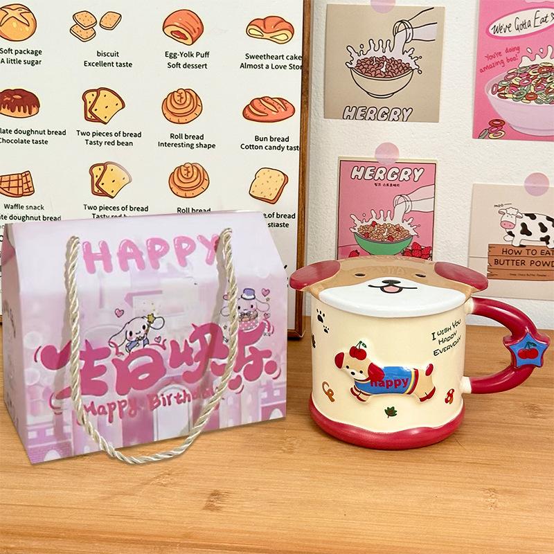 Smart Dachshund Dog Ceramic Cup Mug with Lid Student Water Cup Home Souvenir Birthday Gift Couple Cup