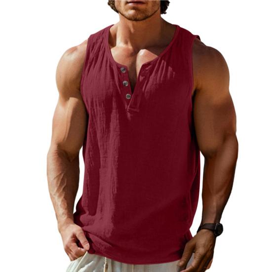 Men Vest Round Neck Buttons Half Placket Sleeveless Muscle Tank Tops Pure Color Loose Fit Summer Casual Camisole