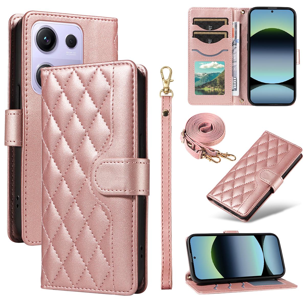 

For Xiaomi Redmi Note 14S 4G/Xiaomi Poco M6 Pro 4G/Xiaomi Redmi Note 13 Pro 4G Wallet Case Rhombus Leather Phone Cover with Strap Rose Gold