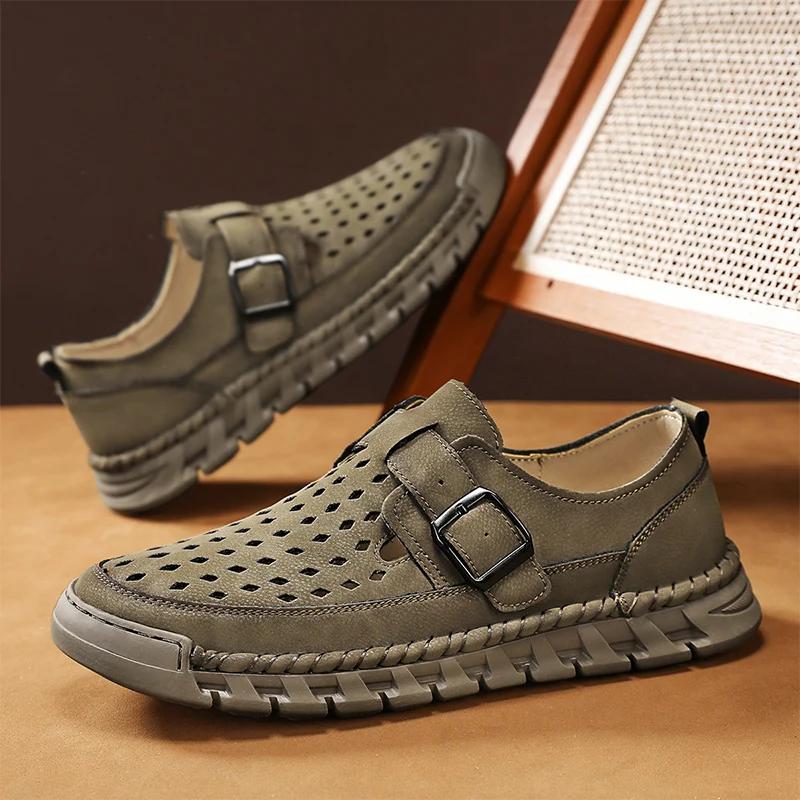 Fashion Men Hollowed Out Casual Shoe Summer Fashion Sports Sandals High-quality Handmade Leather Walking  Summer Designer Shoes   Rubber