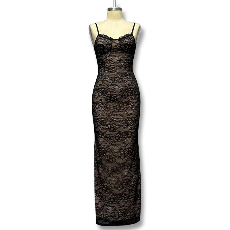 European and American style women's clothing new lace suspender fashion temperament dress long dress off-the-shoulder slim dress