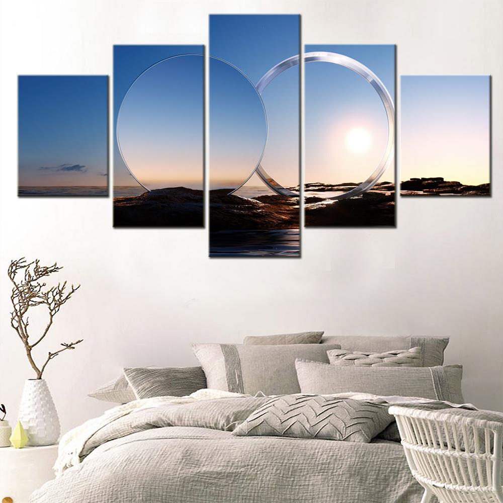 Landscape Canvas Wall Art Poster Painting Nature Mirrored Sunset Wallpaper Home Decor Artwork for Living Room Framework 5 Pieces No Frame
