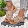 Color-blocked Large-sized Sandals Women's Thick-soled Shoes Wedge Heels Lace-up Velcro Beach Flip-flops
