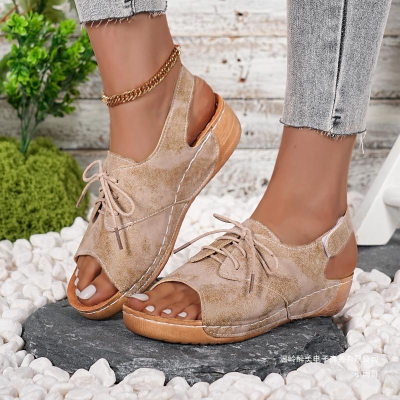 Color-blocked Large-sized Sandals Women's Thick-soled Shoes Wedge Heels Lace-up Velcro Beach Flip-flops