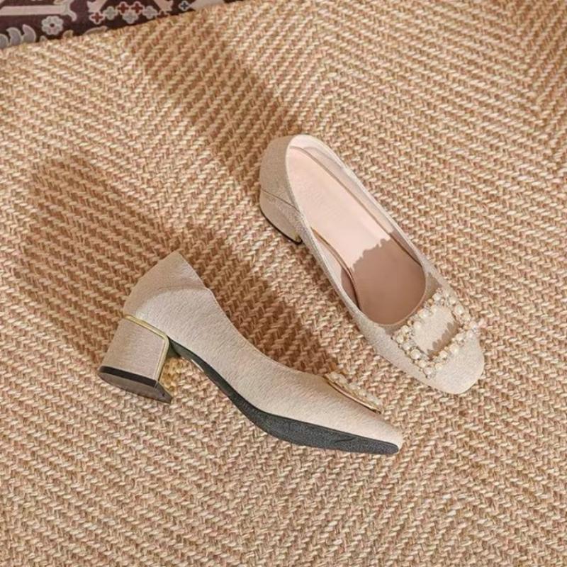 2024 High Quality Women's Shoes Slip-on Women's High Heels Fashion Square Button Office and Career New Crystal Heels Women
