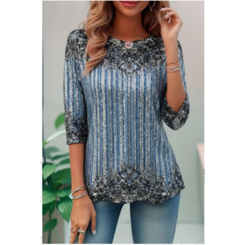 Women's 3D Printed Flower Crew Neck Casual Stylish Long Sleeve T-Shirt