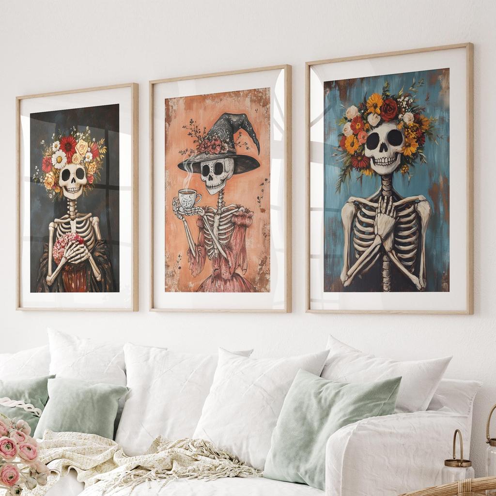 3Pcs Floral Skeleton Wall Art,Vintage Witch Coffee Canvas Prints,DarkFall Halloween Wall Arts,Farmhouse Home Decor Holiday Gifts