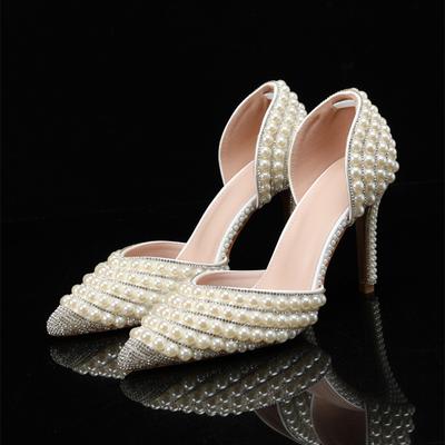 Fashion Luxury Handmade Full Pearls Rhinestones Wedding Women Pumps Elegant Pointed Toe Bridal Thin High Heels Fashion Party Prom Shoes