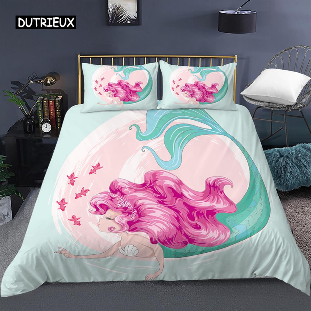 Beddengoed Set Ledikant Dekbedovertrek voor Baby Kinderen Blauw Cartoon Zeemeermin Edredones Niños Meisjes Prinses Polyester Dekbedovertrek