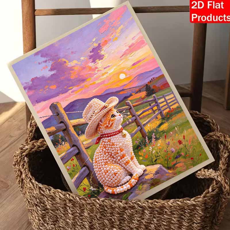 DIY 3D Pearl Diamond Painting Art Set Cowboy Cat Sunset Landscape Home Decor Art Set Wall Art
