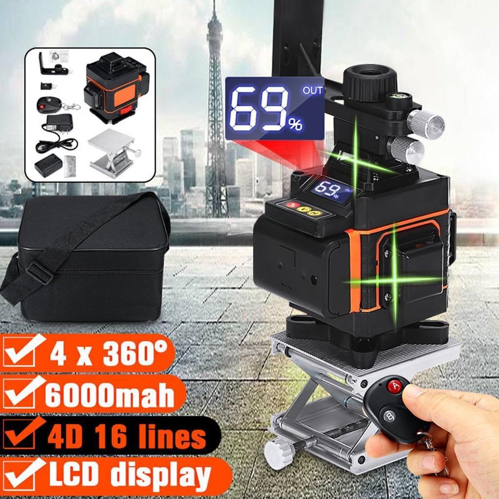 16 Lines 360° Rotary Horizontal Vertical Cross Remote Green Light LED Display Auto Self Leveling 4D Measure Laser Level