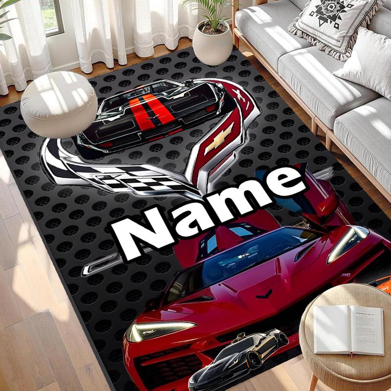 Custom Name Personalized Chevrolet Corvette Print Carpet, Versatile Home Decor Rug, for Playroom, Apartment, Balcony, Entryway, Hallway Gift