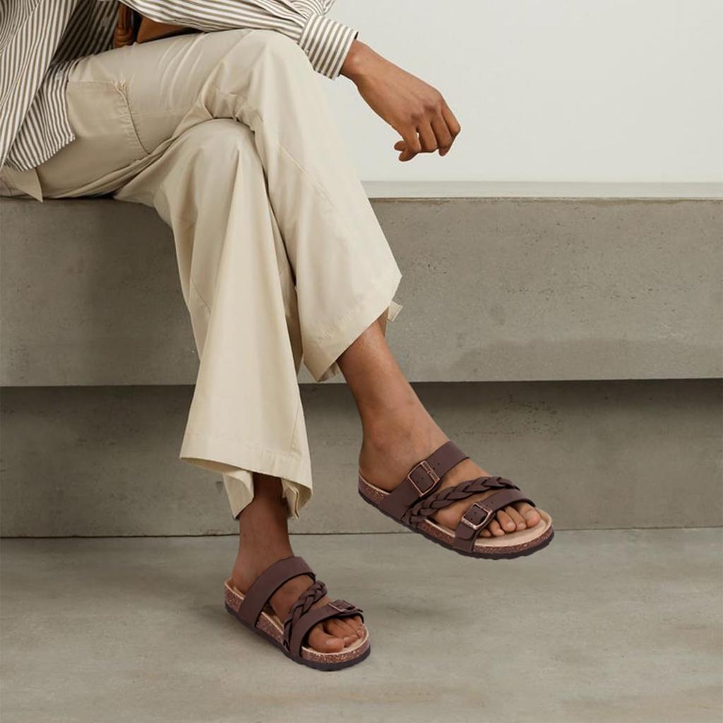 Fashion Comwarm Women's Cork Footbed Sandals With Arch Support Summer Women Cork Slippers Slip-On Slide Sandals With Adjustable Buckle