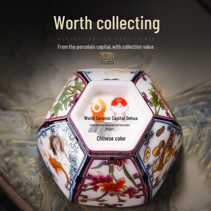 Wealth-Gathering Six-Sided Ceramic Tea Cup