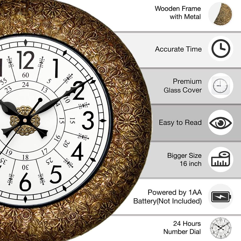 Ethnische handgefertigte dekorative Wanduhr mit klassischem Metall | Goldene antike Holzwanduhr für Wohnzimmer | 24 Stunden | 16 Zoll