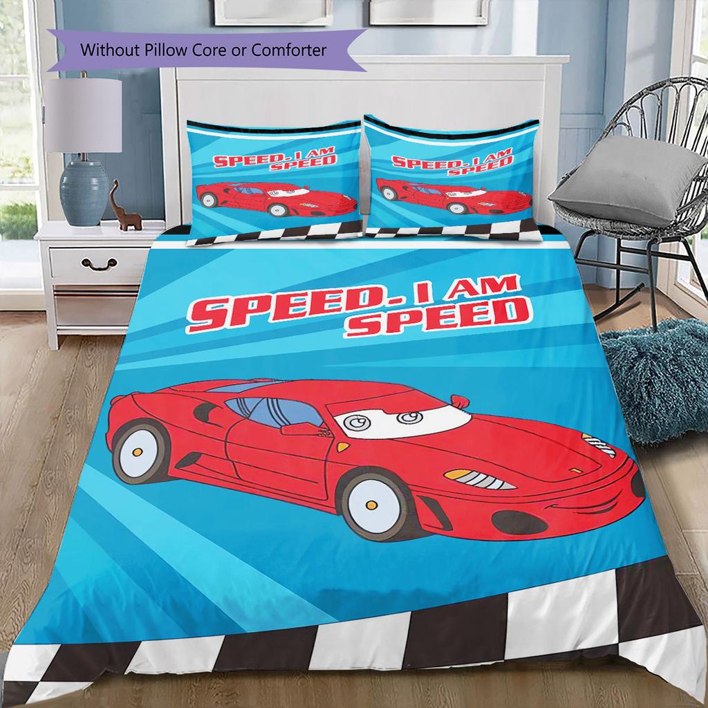 Dreiteiliges Bettwäsche-Set mit Cars-Cartoon-Print, bestehend aus Bettbezug und Kissenbezügen, weich und atmungsaktiv, Bettdecke nicht enthalten.