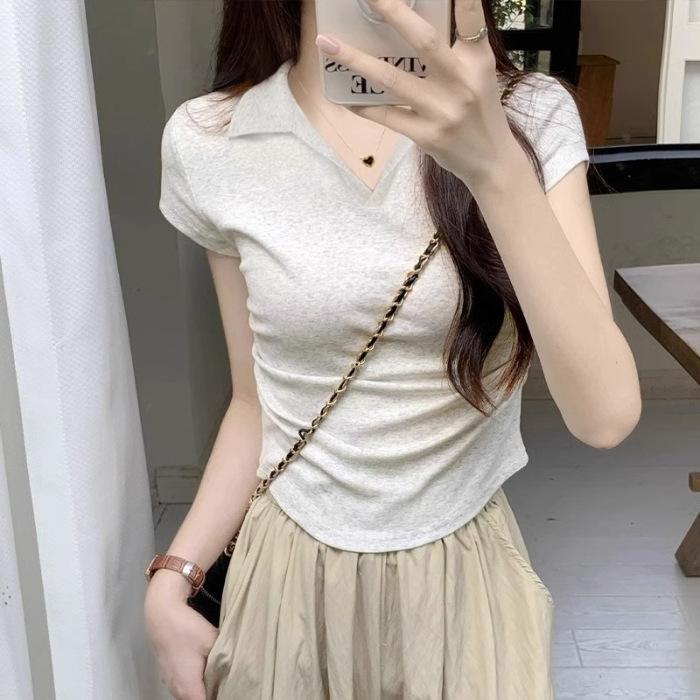Polo lapel waist pleated front shoulder short-sleeved T-shirt women s Xia Xiaofei sleeves irregular curved hem short top S