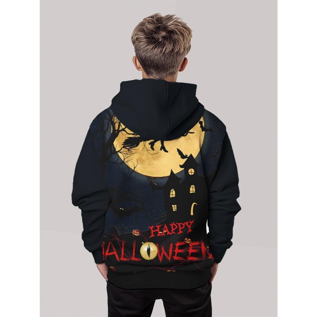 Boy Halloween Hoodie - Ghost Castle, Bat and Full Moon Pattern - "Happy Halloween" Text Halloween Gift