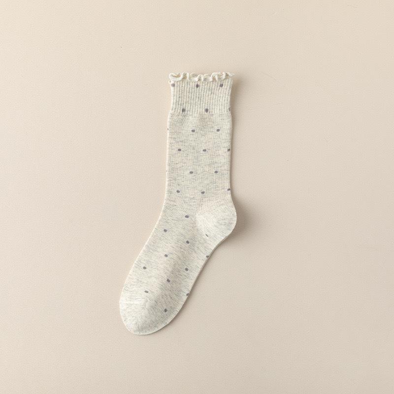 Women's Japanese Style Mid-Calf Cotton Lace Socks, Ruffle Edge, Polka Dot, Versatile for Spring to Autumn