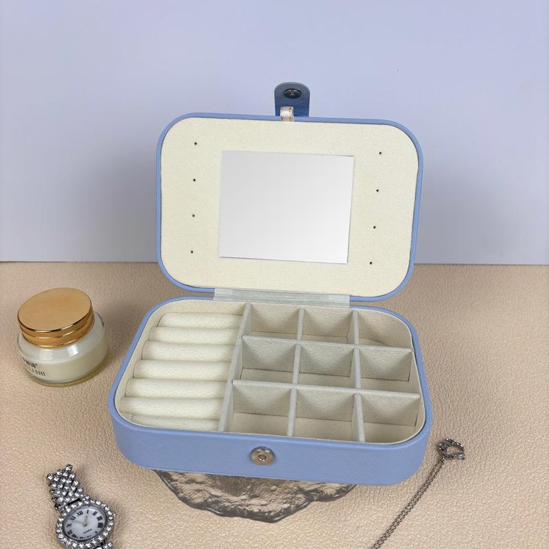 Travel Jewelry Storage Box with Mirror Solid Color Simple Earrings Ring Necklace Jewelry Box Double Layer Household Jewelry Box