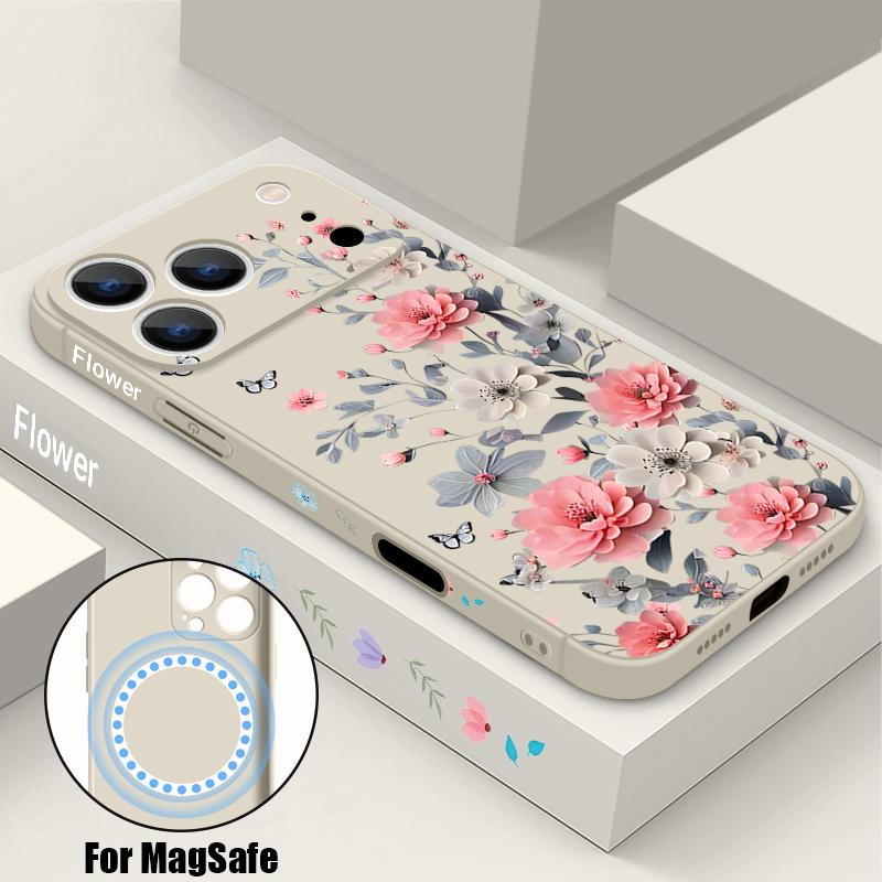 

INS Pink Flowers Print Case For iPhone 17 Pro Max iPhone 16 15 14 13 Pro Max Magnetic For Magsafe Soft Silicone Phone Back Cover iPhone 14 белый
