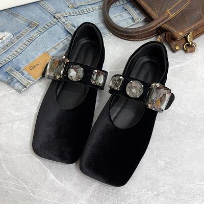 French Velvet Rhinestone Square Head Mary Jane Women's Shoes 2025 Summer New Shallow Mouth Flat Sole Shoes Fairy Wind Ladyshoes