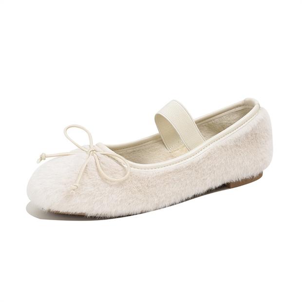 

Модные милые пушистые балетки с бантом для женщин, утепленные мехом, зимние балетки с круглым носком, женские свадебные туфли для невесты, танцевальные мокасины для женщин 4.5 белый