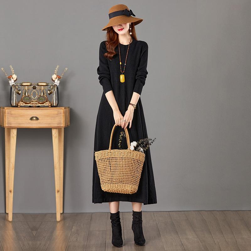 Crew Neck Winter Base Dress Women's Autumn and Winter with Coat Long Knitted Skirt Large Size Sweater Skirt Women