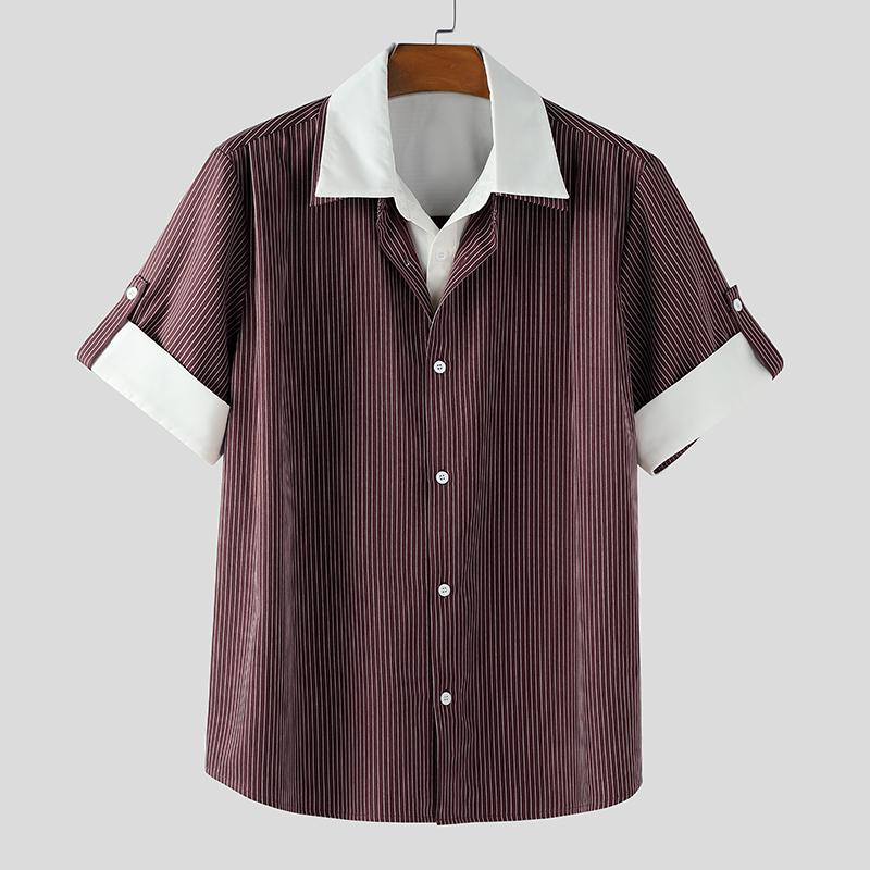 

INCERUN Men Turn-down Collar Short Sleeve Patchwork Striped Casual Texture T-shirts 5XL красный