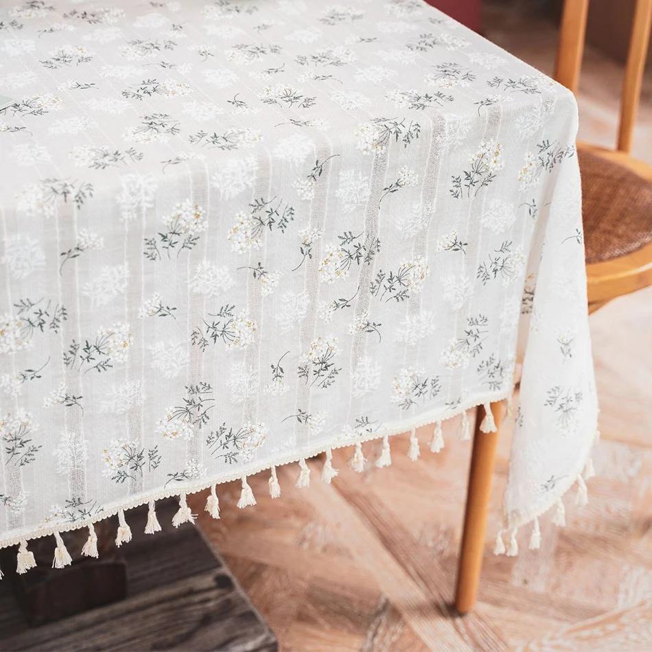Lilacs Tassels Cotton Tablecloth,Rectangle Table Cover For Kitchen Wedding Dining Daily Use Korean Style Daisy Tea Table Decor