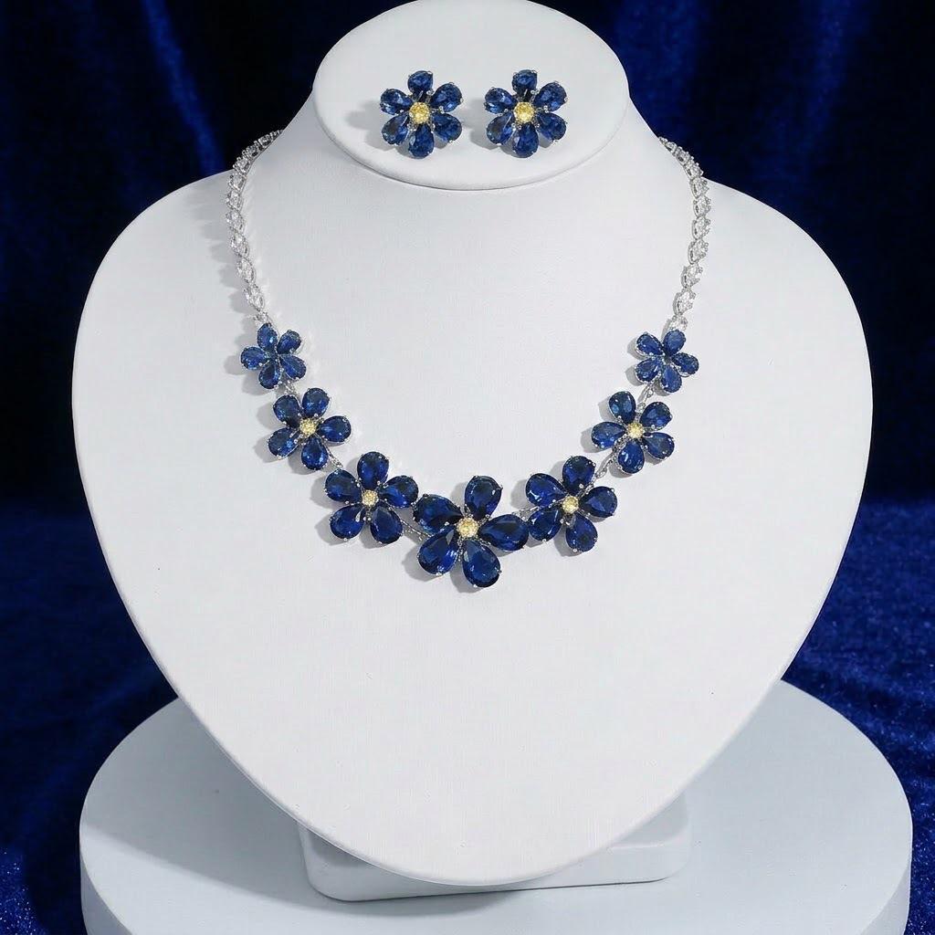 Zircon Blue Temperament Necklace and Earrings Set - European & American Style with Small Flower Design