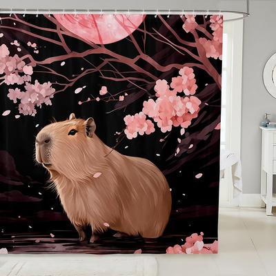 Kids Cute Capybara Shower Curtain for Bathroom Decor Japanese Cherry Blossoms Flowers Bath Curtain for Boys Girls Teens Cartoon