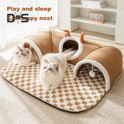Katzentunnelbett für den Innenbereich, warmes Geweih, Katzen-Guckhöhle, Nest, Katzenröhre mit Plüschballspielzeug, abnehmbares Kleintierhaus für Kätzchen